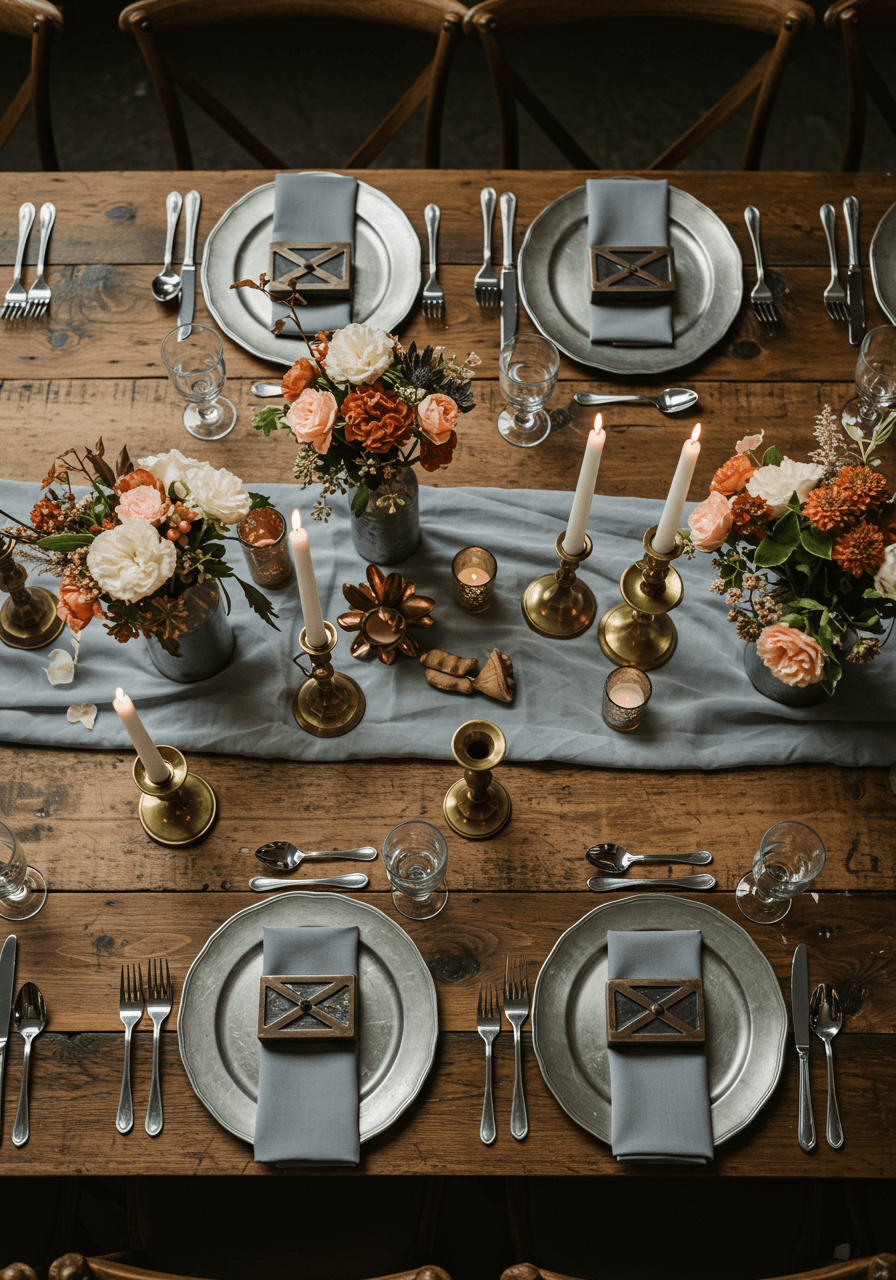 Overhead view of mixed metallic wedding tablescape with pewter chargers, brass candlesticks, and iron elements on reclaimed wood