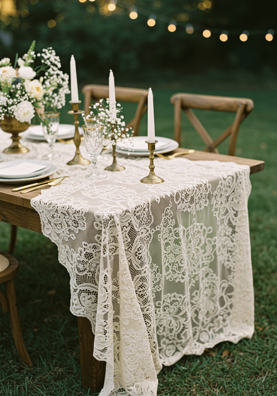 Vintage lace tablecloth elegantly draped over rustic wooden table set for intimate garden wedding dinner in charming outdoor setting