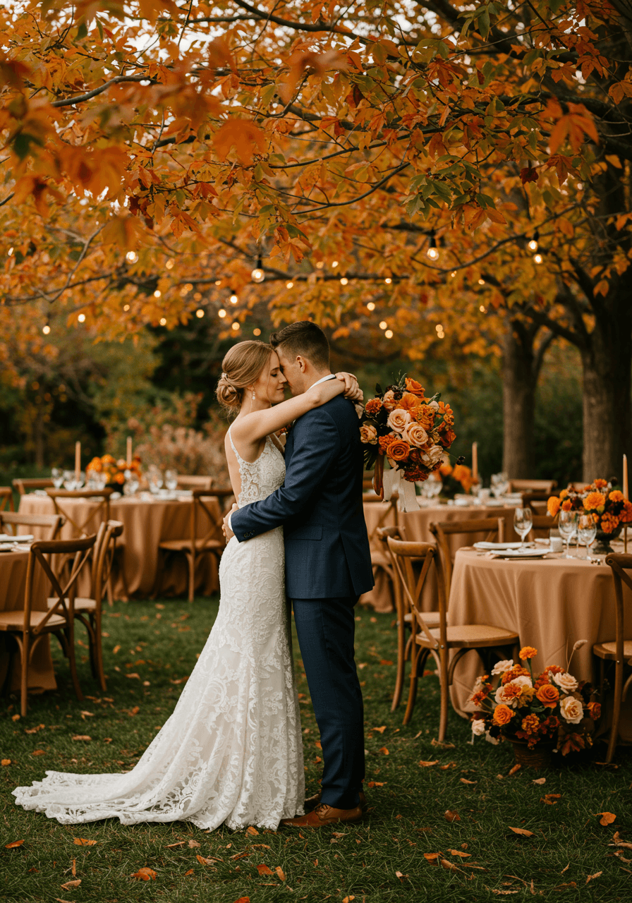 Romantic autumn garden wedding embrace with rust bridesmaid dresses and taupe table linens in golden hour