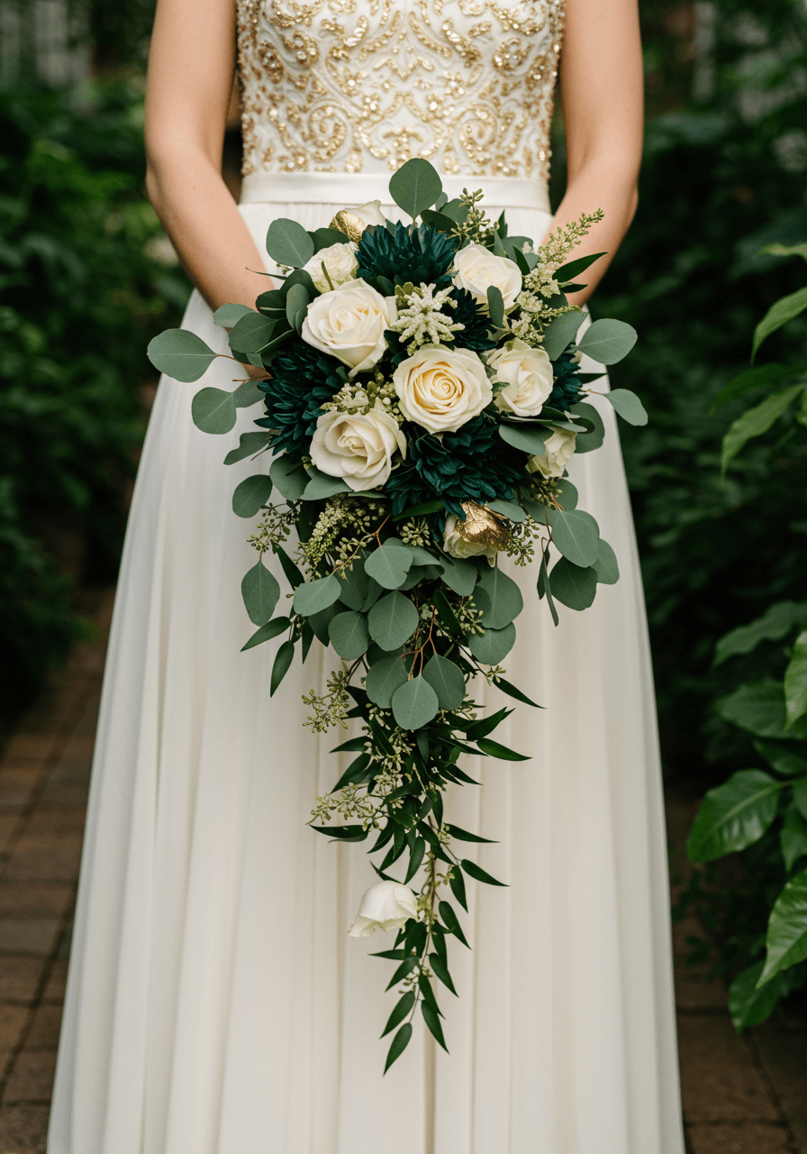 Bridal bouquet with emerald eucalyptus and white roses with gold accents in sunlit conservatory