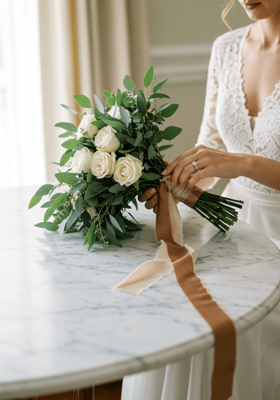 Bridal detail shot showing sage and brass bouquet with delicate lace sleeve in morning light