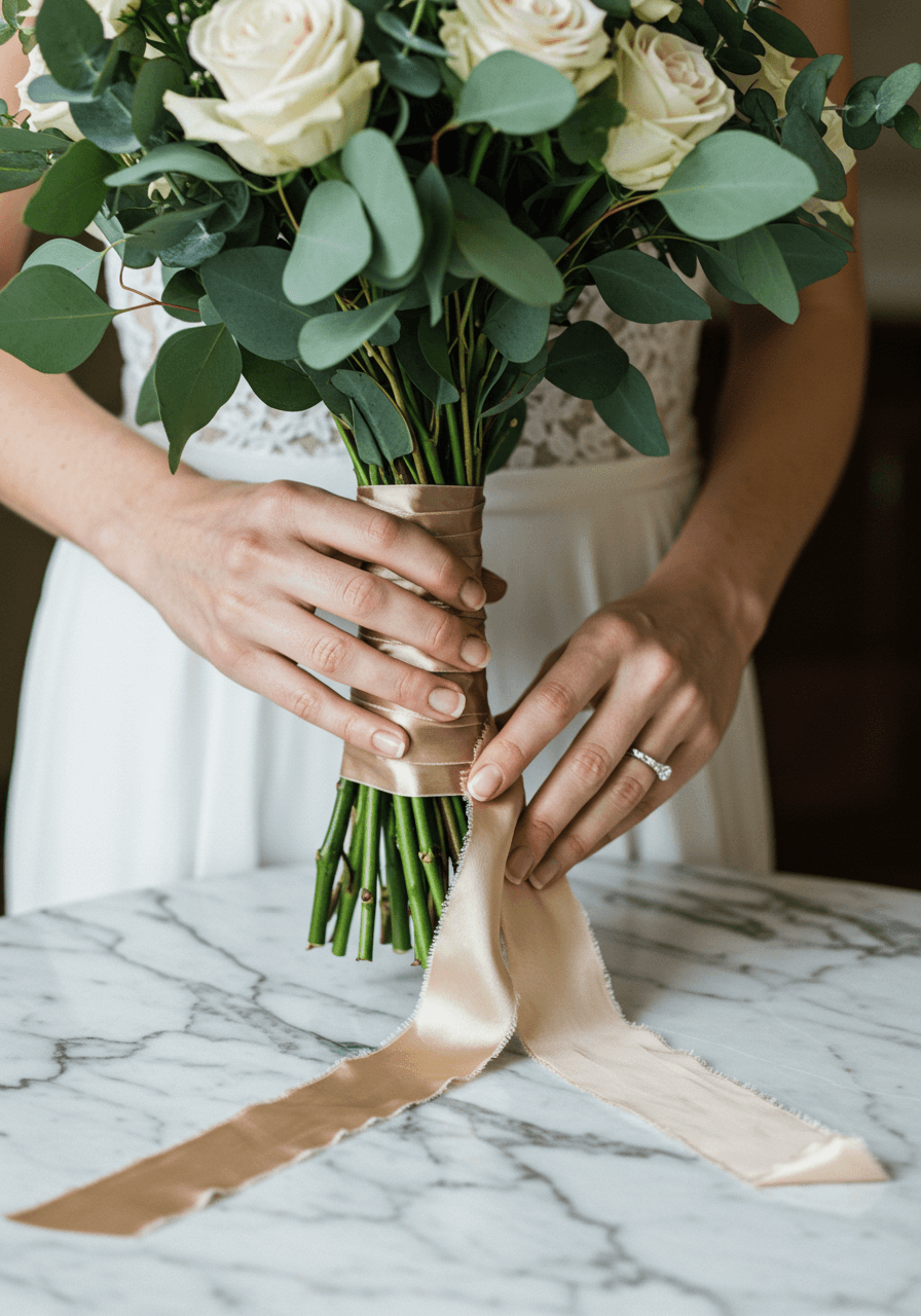 Elegant bridal bouquet with sage eucalyptus and cream roses wrapped in antique brass ribbon on marble table
