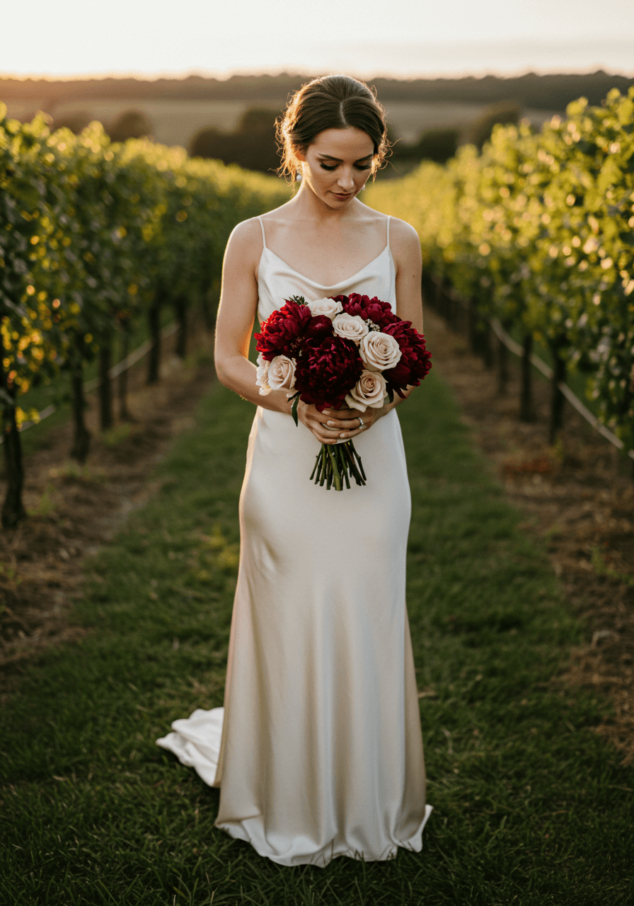 Romantic vineyard sunset portrait of bride holding burgundy and champagne wedding bouquet