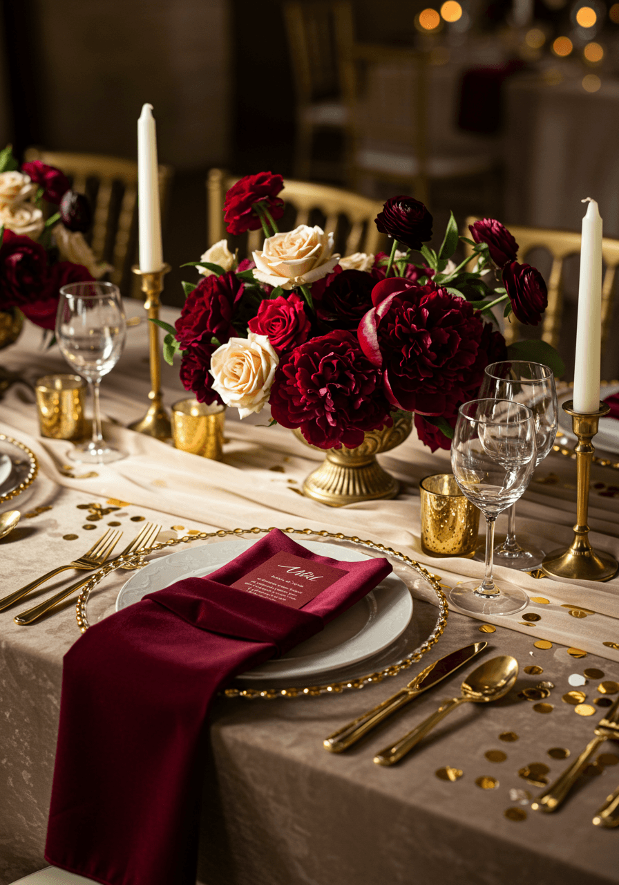Luxurious wedding tablescape featuring champagne silk runner and deep burgundy velvet napkins with gold accents