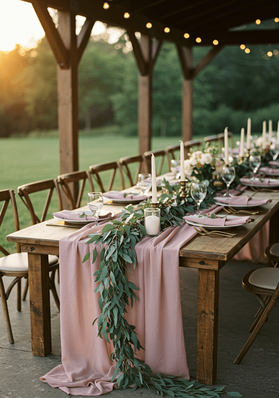 Wide view of garden pavilion wedding reception with dusty rose linens and eucalyptus garland centrepieces