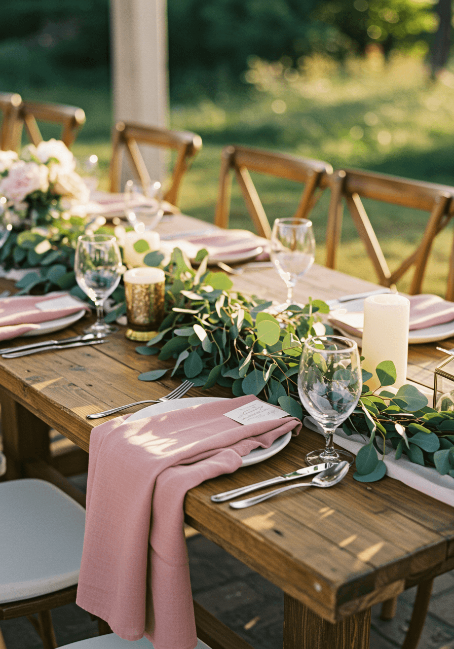 Elegant dusty rose and eucalyptus wedding tablescape on rustic wooden table in garden pavilion