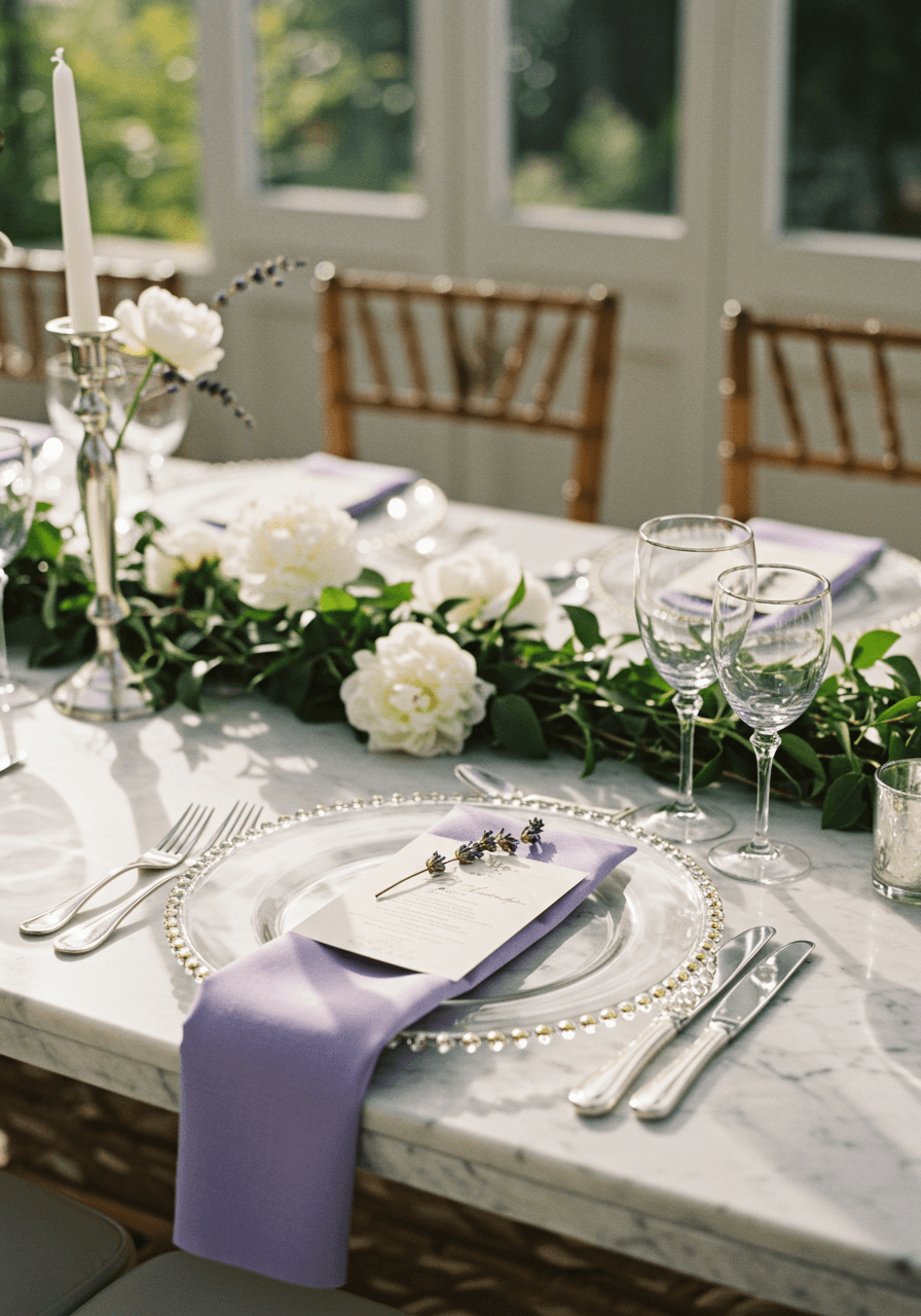 Elegant lavender and silver wedding tablescape with white peonies in sunlit conservatory with trailing greenery