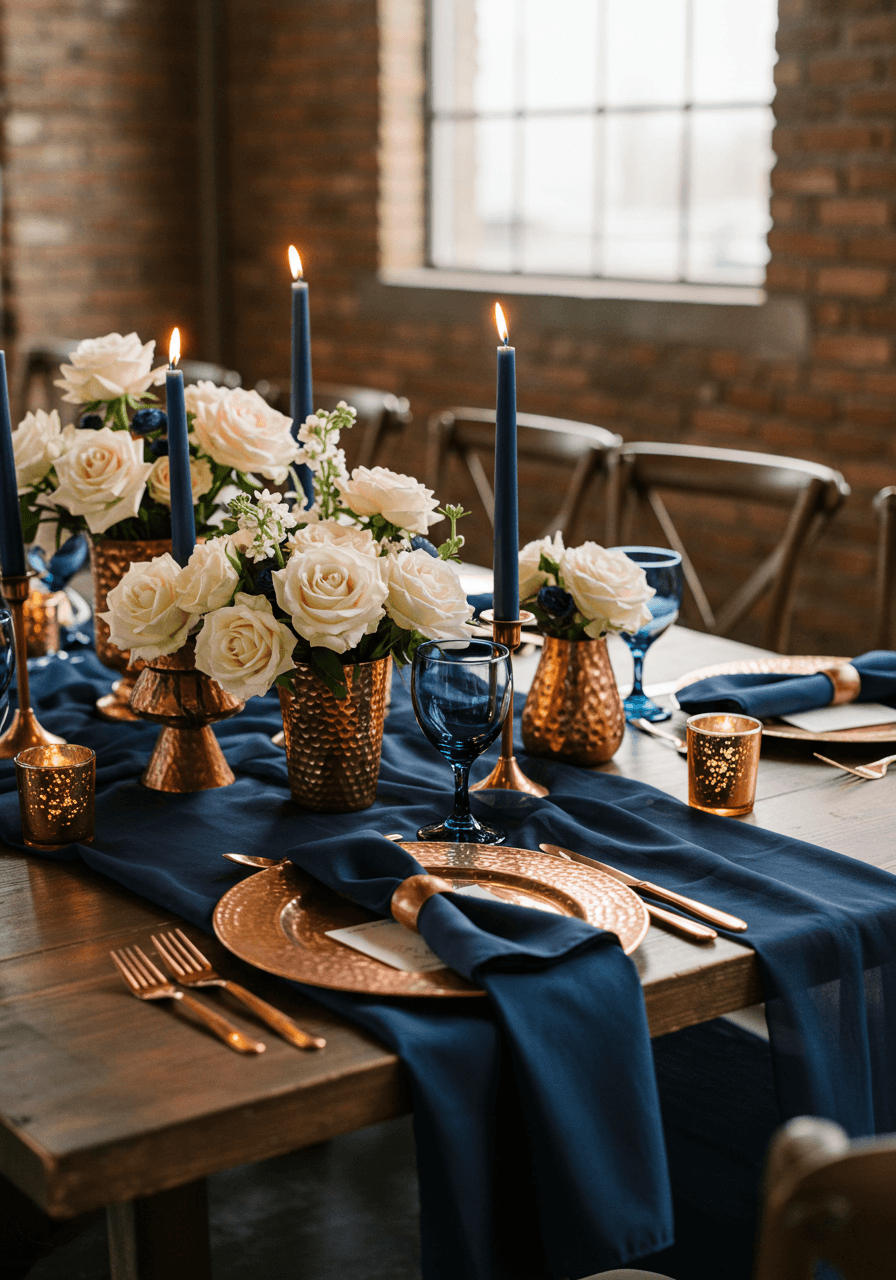 Luxury midnight blue and copper wedding tablescape with hammered copper plates in exposed brick venue