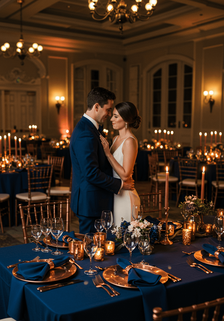 Elegant couple at midnight blue and copper wedding reception in sophisticated ballroom with ambient lighting