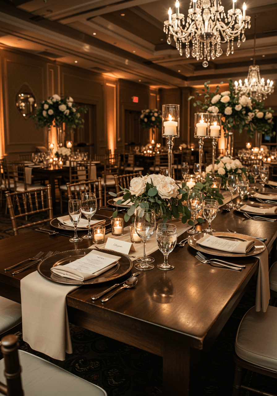 Wide view of opulent ballroom wedding reception with mocha brown and ivory colour palette