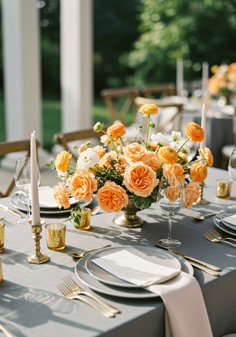 Elegant warm gray and peach wedding tablescape in sophisticated outdoor pavilion setting
