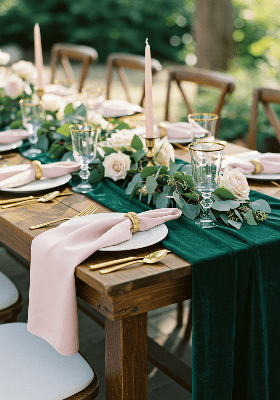 Elegant forest green velvet and blush silk wedding tablescape in upscale garden pavilion