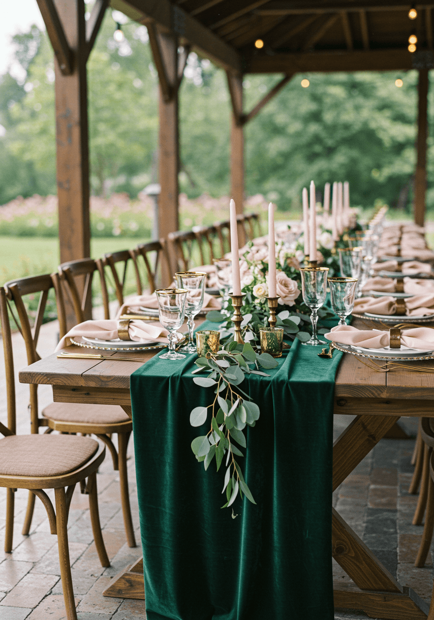 Wide view of luxurious garden pavilion wedding reception with forest green and blush colour palette