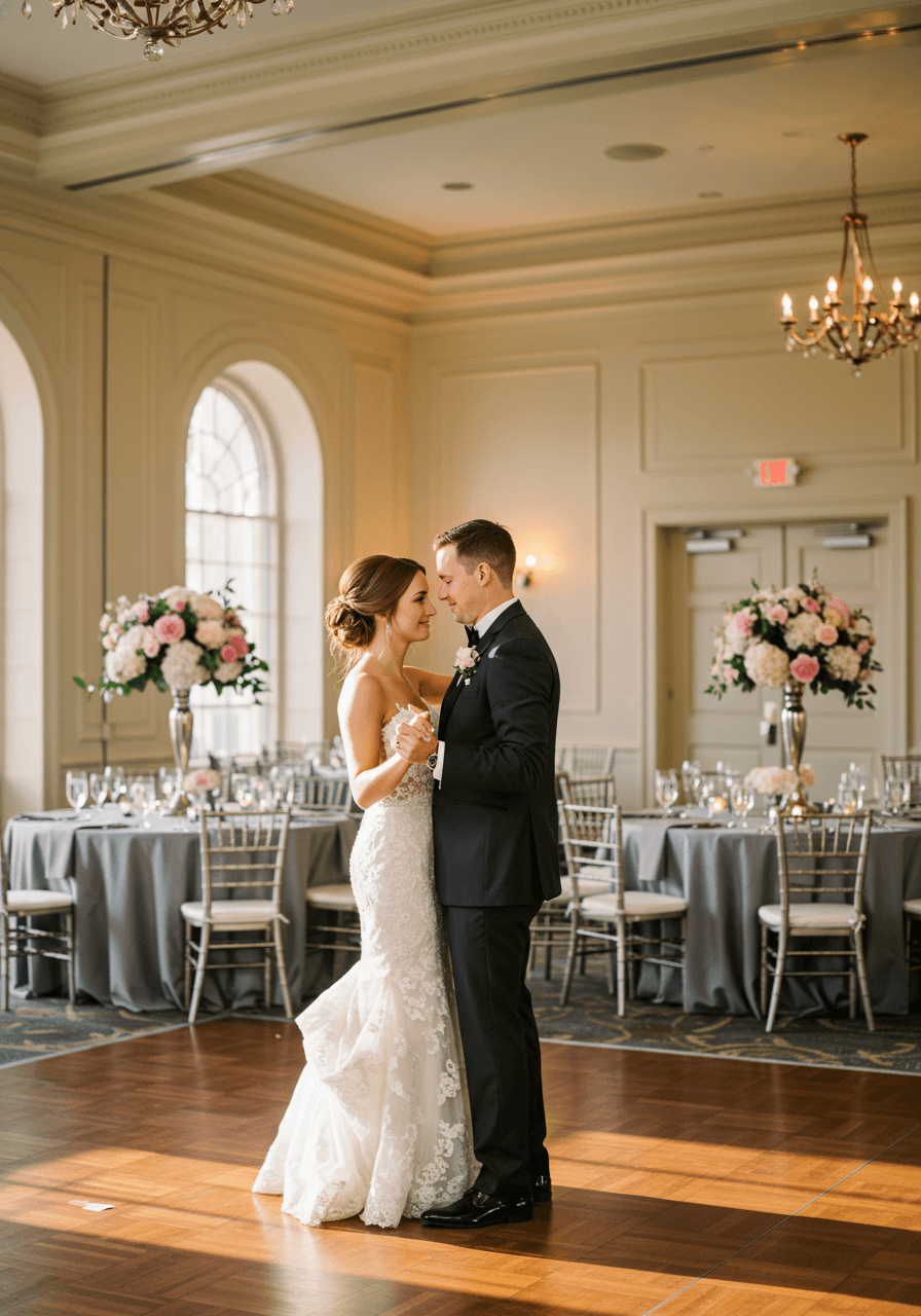 Intimate first dance moment in elegant ballroom with pink and charcoal wedding decor