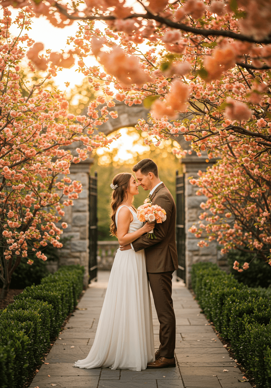 Close-up of bride and groom with warm gray and peach wedding details in garden setting