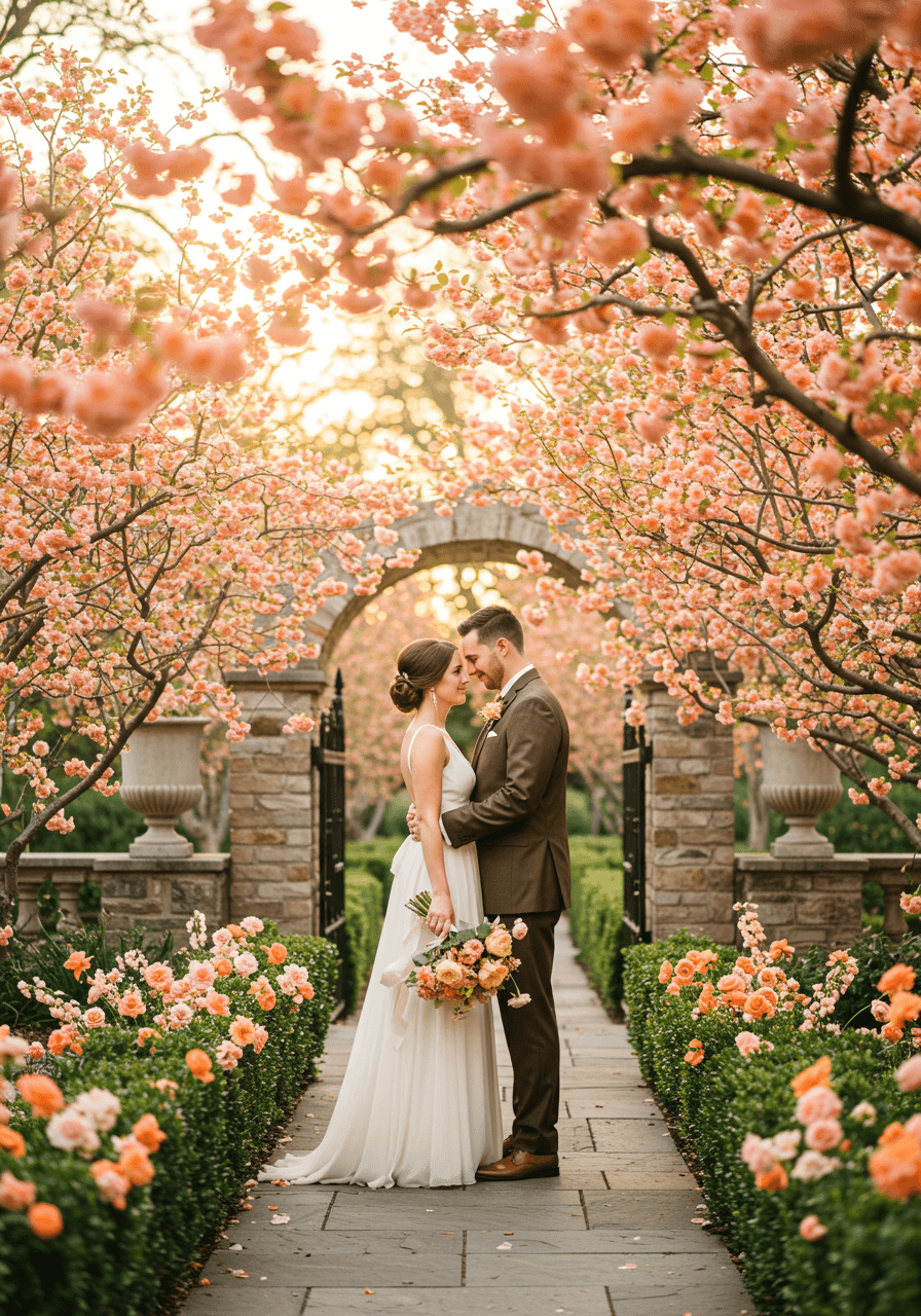 Romantic garden wedding embrace with warm gray stone archway and peach flowering trees during golden hour