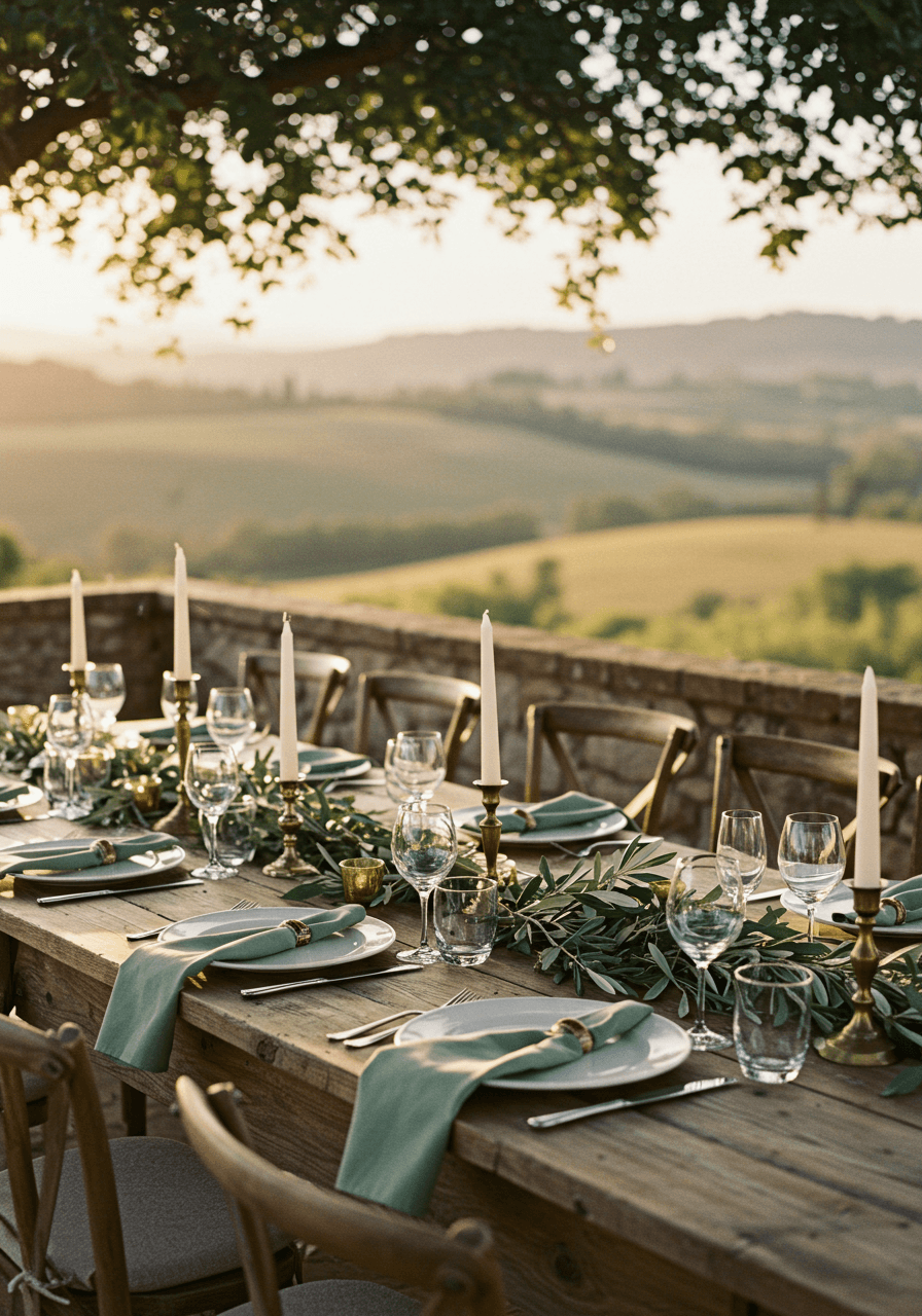 Wide view of stone terrace wedding dinner setup with sage and brass colour palette overlooking hills