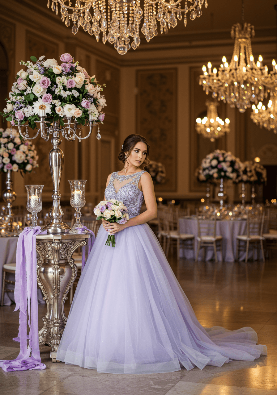 Bride in lavender tulle gown with silver beading standing beside ornate silver candelabra in crystal chandelier ballroom