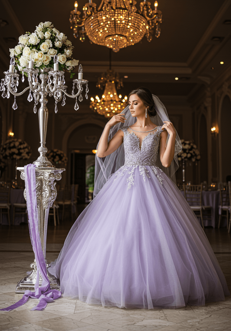 Elegant bridal portrait showing lavender and silver wedding details with veil adjustment moment