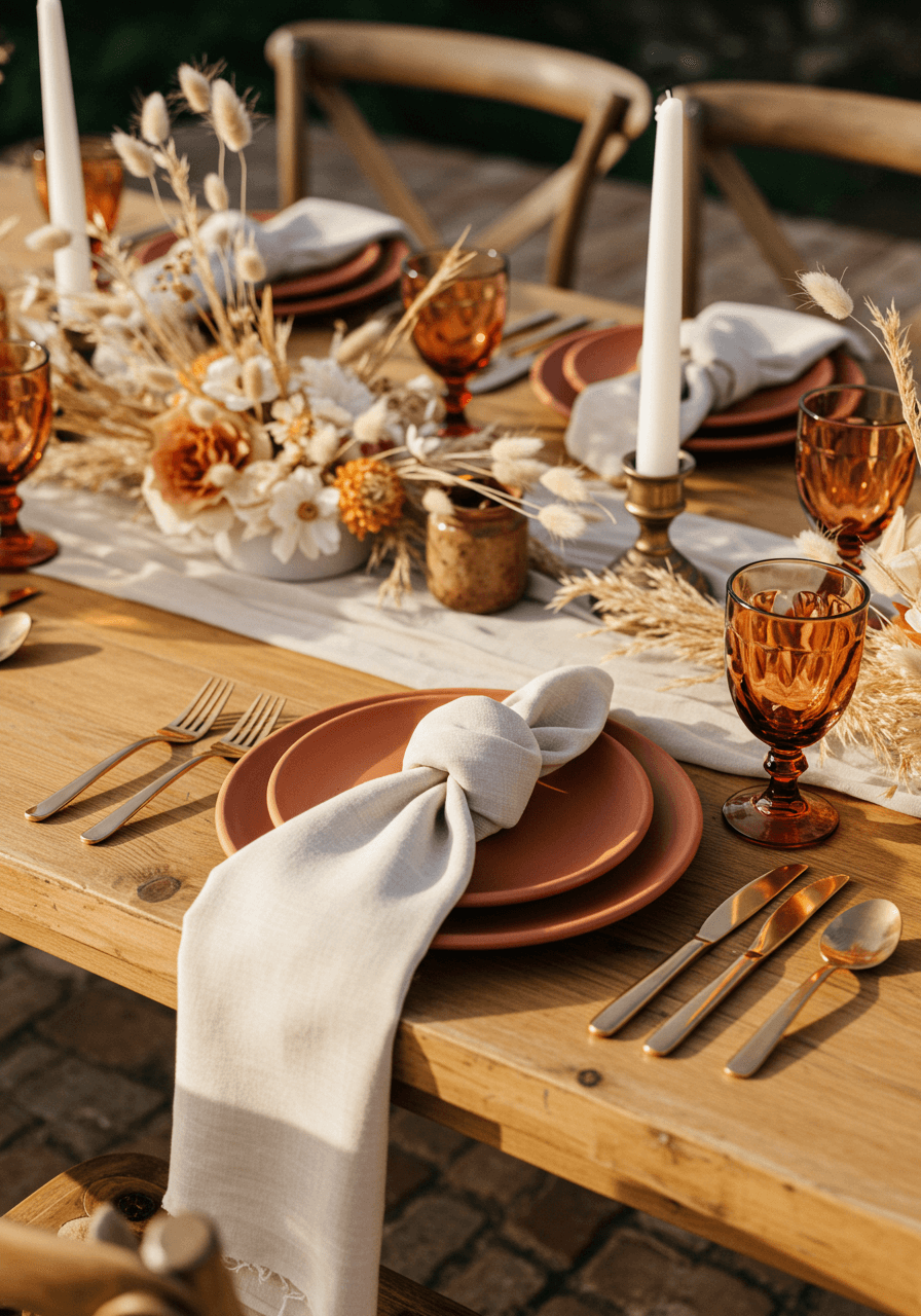 Elegant Mediterranean wedding tablescape with terracotta plates, cream napkins, and pampas grass centrepieces
