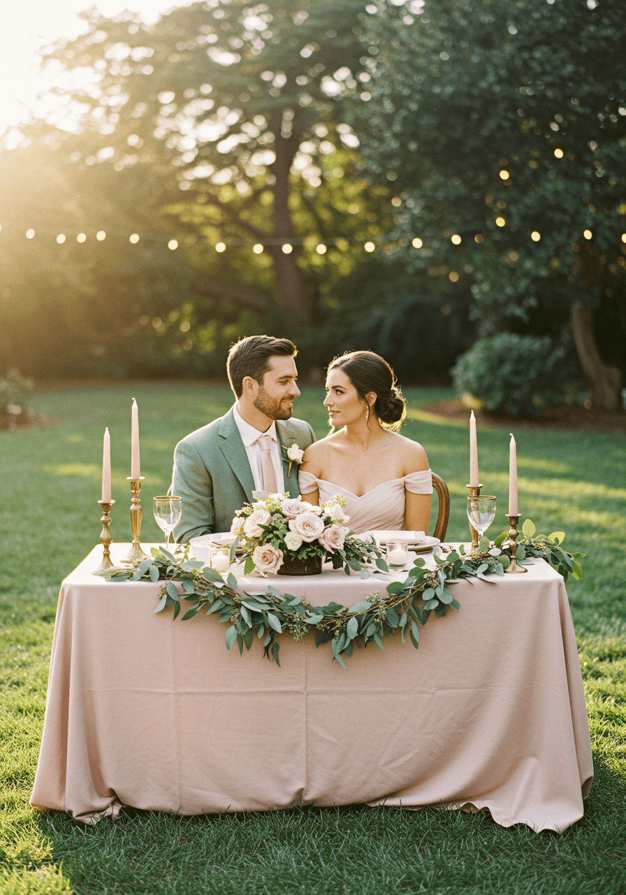 Romantic garden wedding sweetheart table with blush pink linens, sage green eucalyptus garlands, and golden hour lighting
