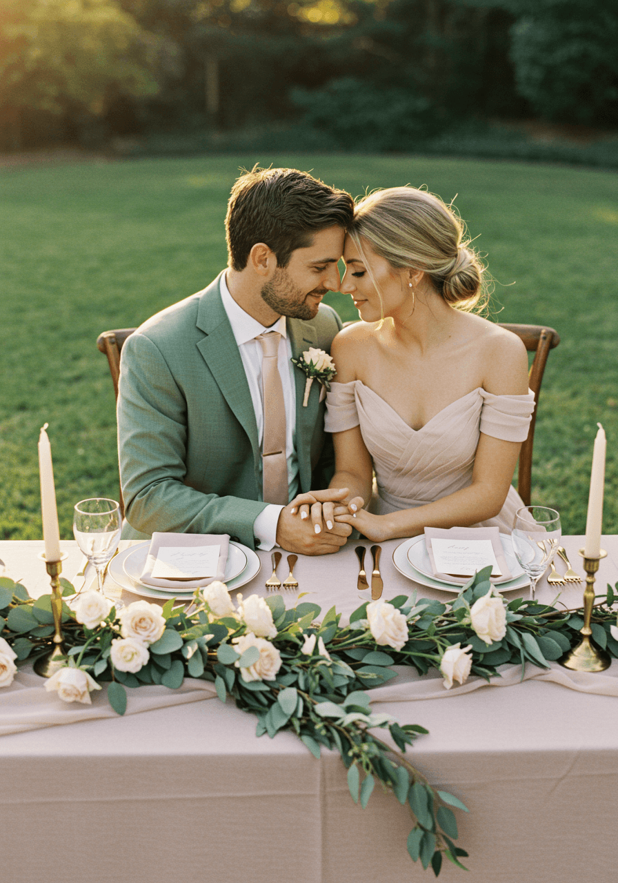 Intimate moment of bride and groom at elegantly decorated sweetheart table during golden hour