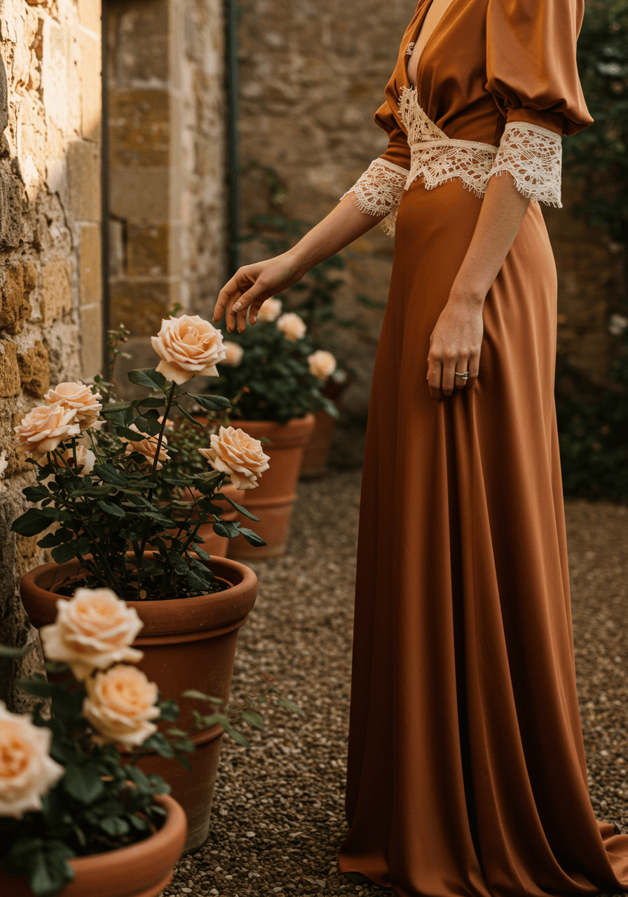 Close-up detail of bride touching cream roses in terracotta and stone garden setting