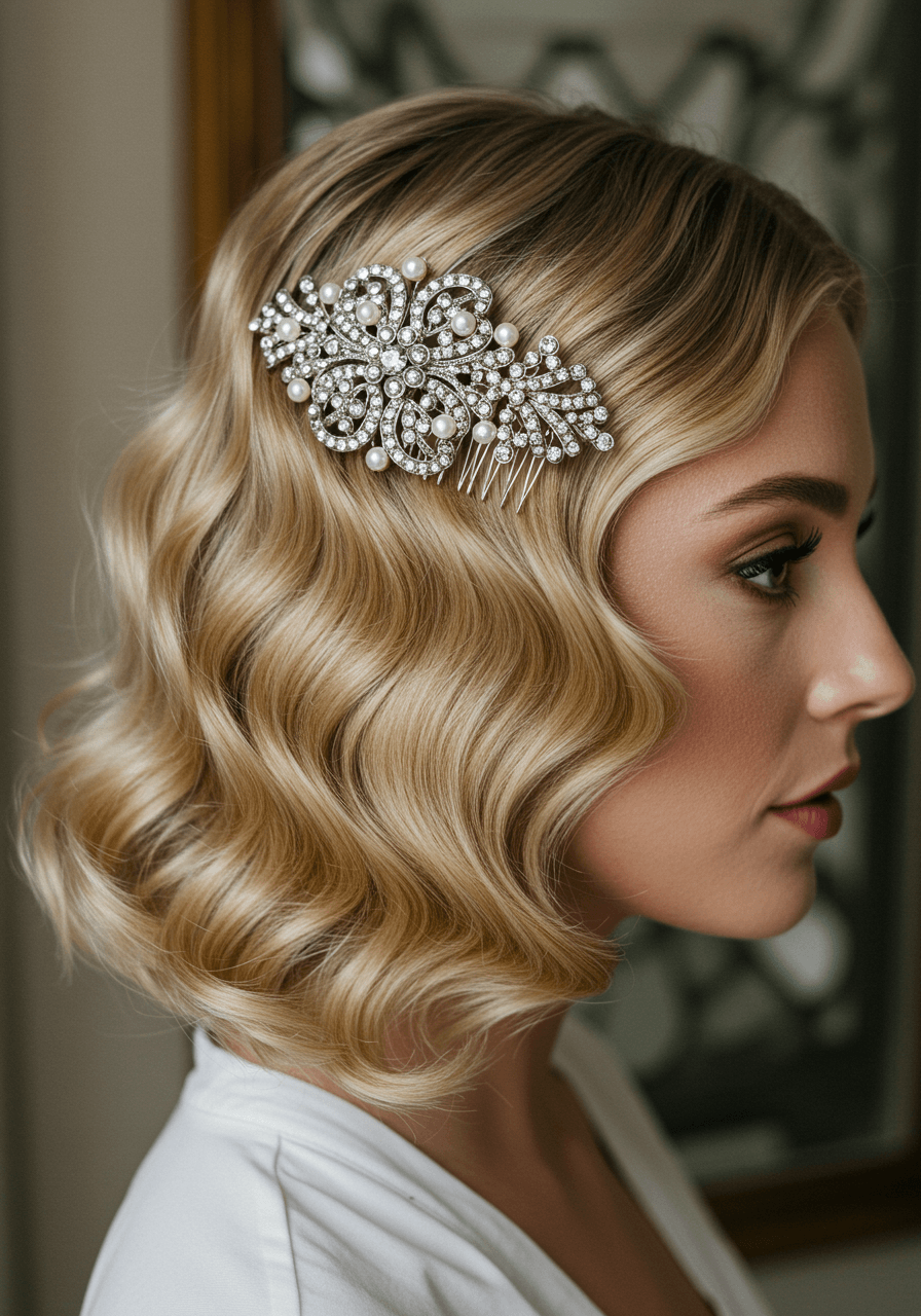 Close-up detail of bride's finger waves with elaborate crystal hair comb in Art Deco powder room