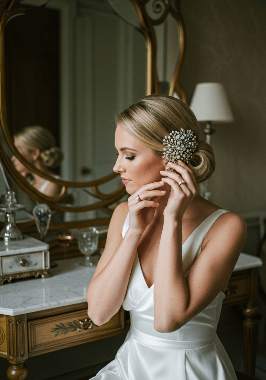 Profile view of sculpted finger waves and vintage crystal hair accessory in luxurious setting