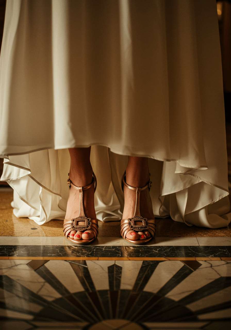 Close-up of metallic T-strap wedding shoes beneath vintage-inspired dress hemline in elegant ballroom
