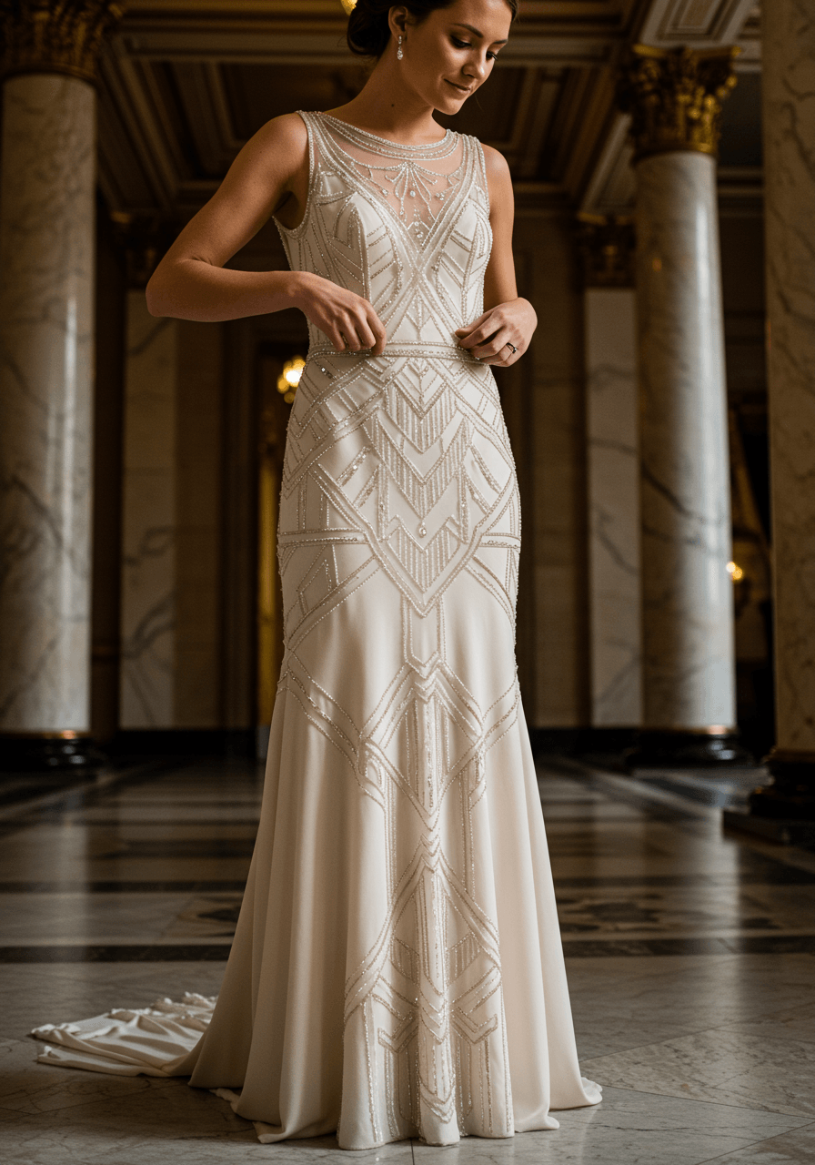 Bride in elegant Art Deco beaded wedding dress standing gracefully among marble columns
