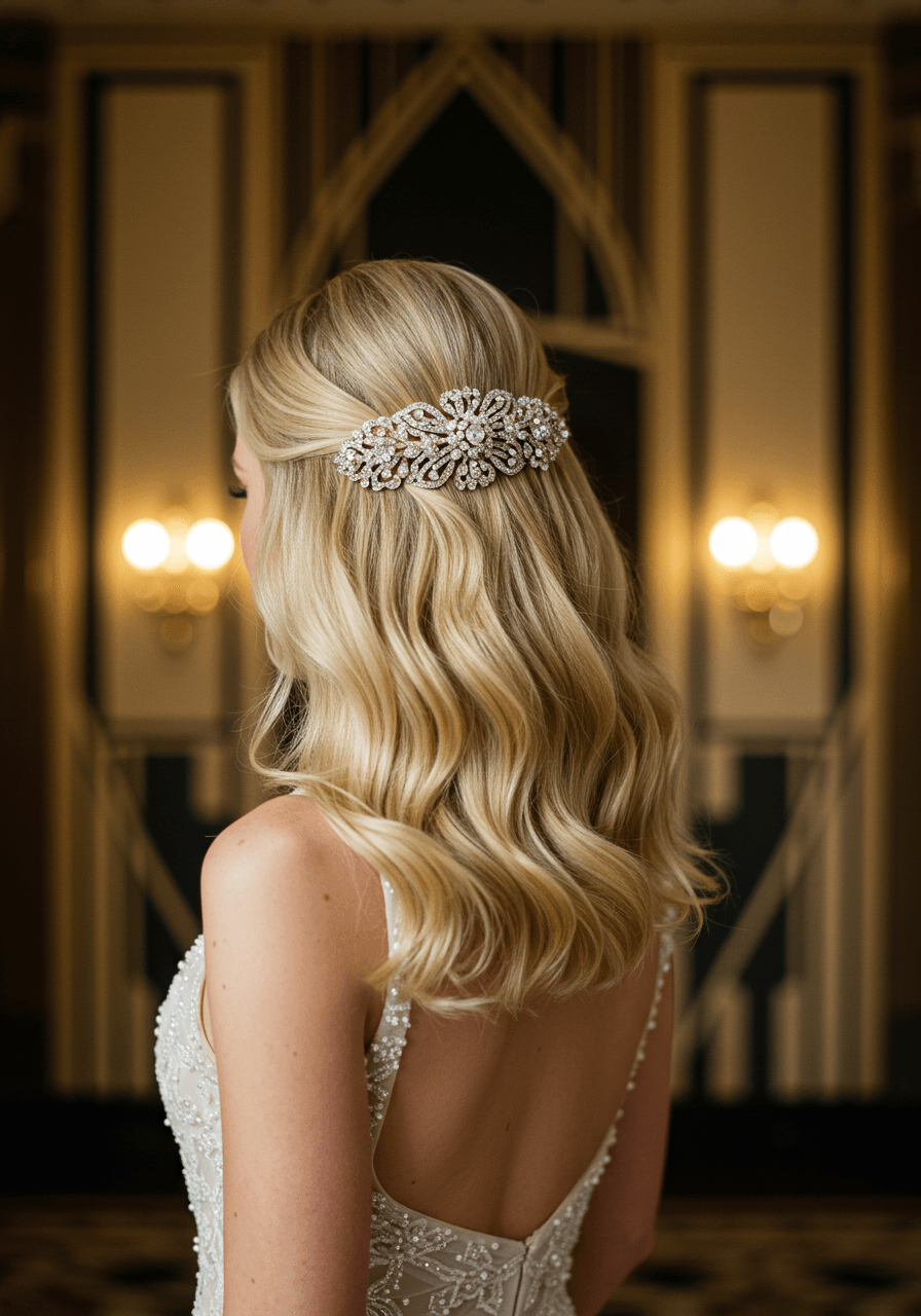 Bride with soft finger waves and ornate crystal hair comb in Art Deco ballroom setting