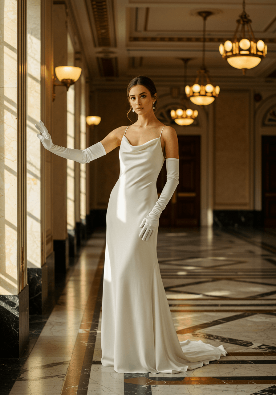Bride in minimalist silk wedding gown with elegant white satin opera gloves in Art Deco ballroom