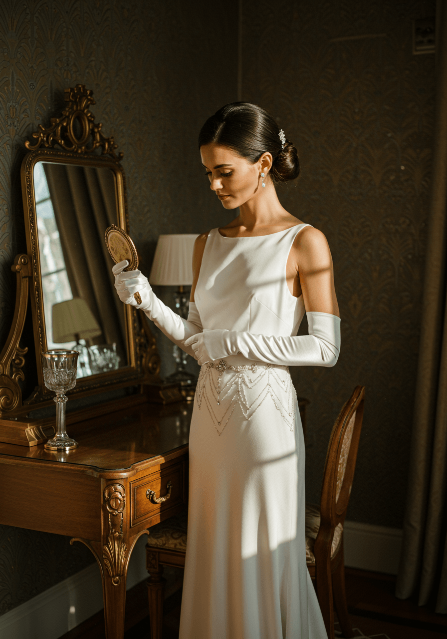 Bride in ivory silk gown and white opera gloves holding vintage compact mirror at Art Deco vanity