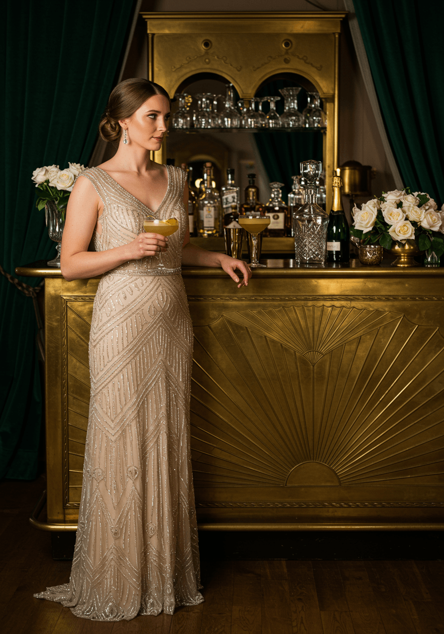 Elegant bride in Art Deco beaded gown holding vintage coupe cocktail beside ornate brass bar