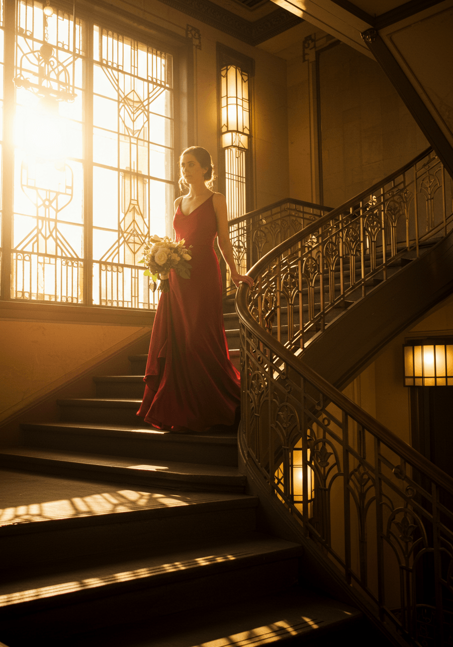 Bridesmaid in flowing ruby red bias-cut dress walking down Art Deco staircase with ornate railings