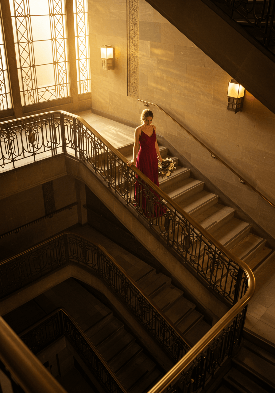 Single bridesmaid in jewel-toned dress gracefully descending geometric staircase in golden hour light