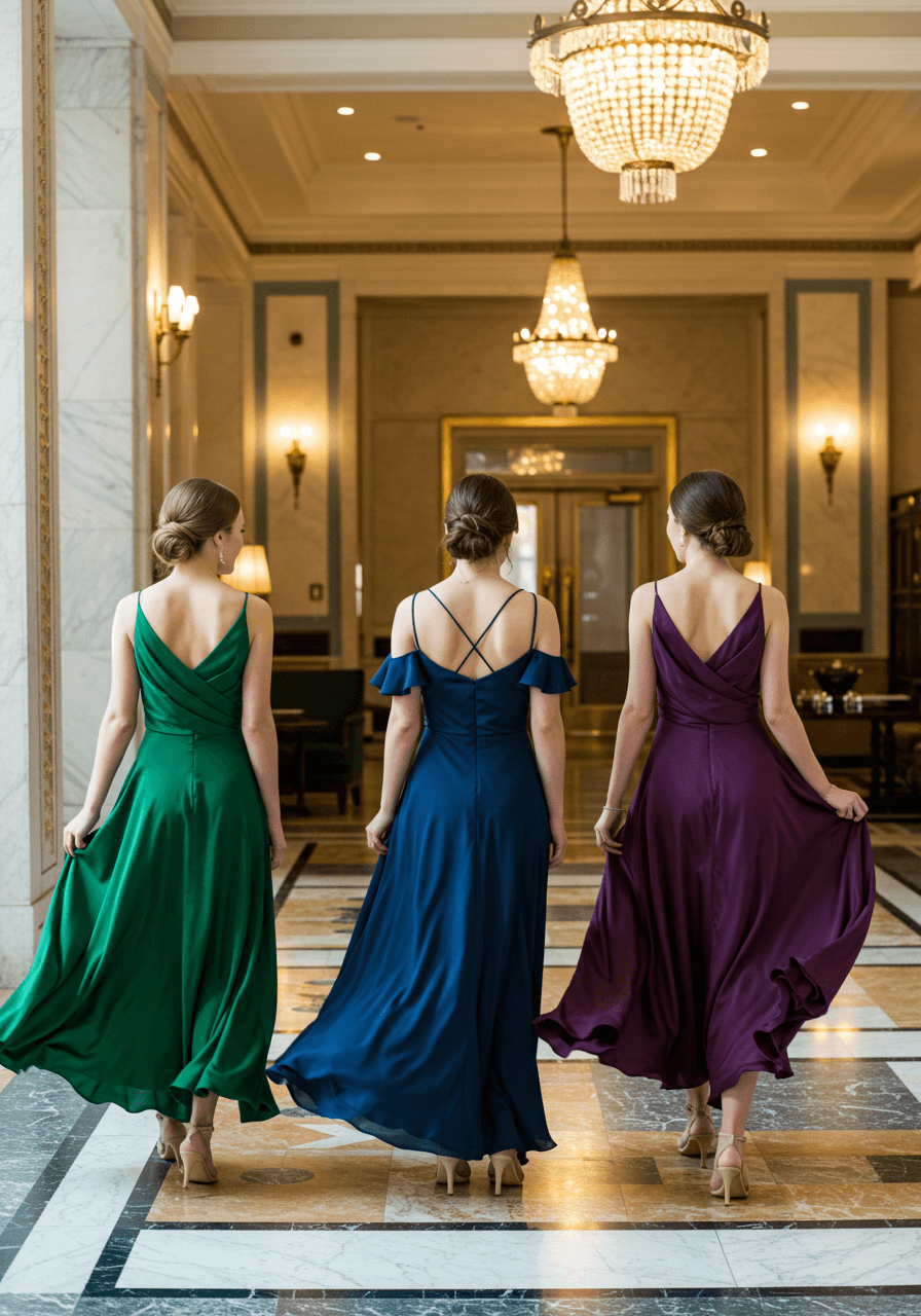 Three bridesmaids in mismatched bias-cut dresses in emerald green, sapphire blue, and amethyst purple