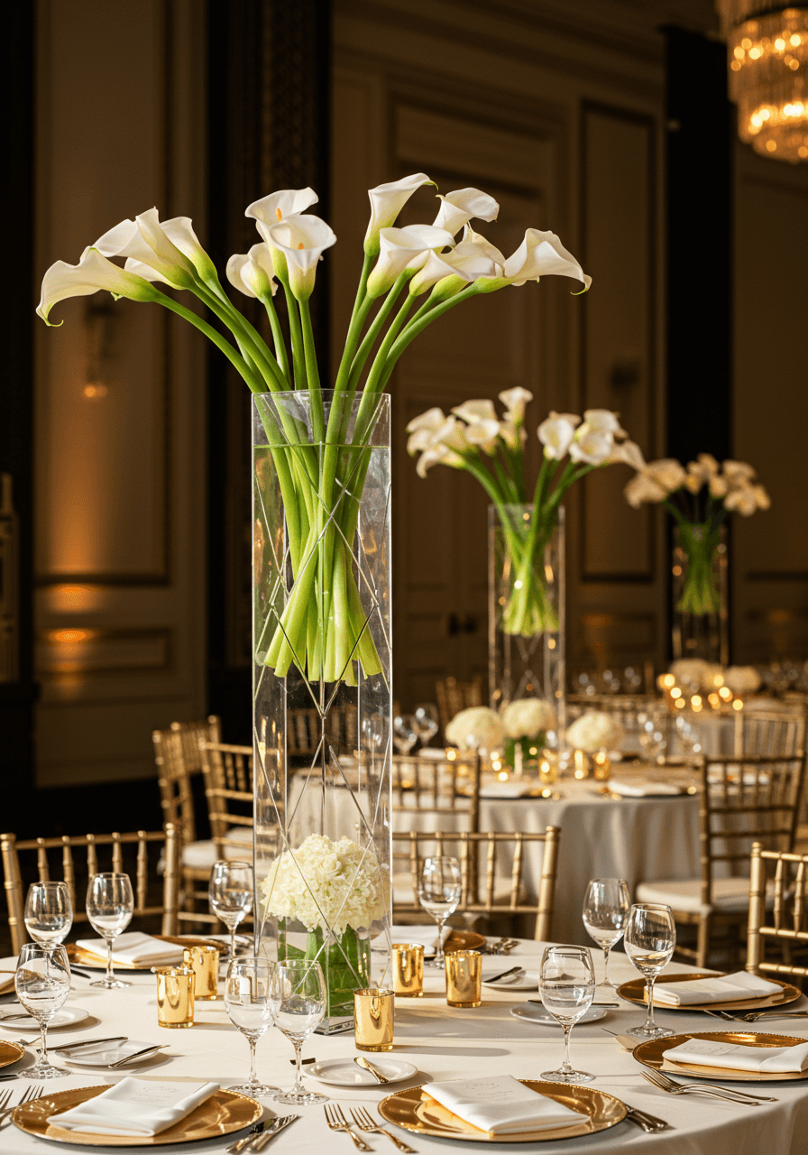 Elegant white calla lily centerpieces in tall geometric glass vases on Art Deco ballroom reception table