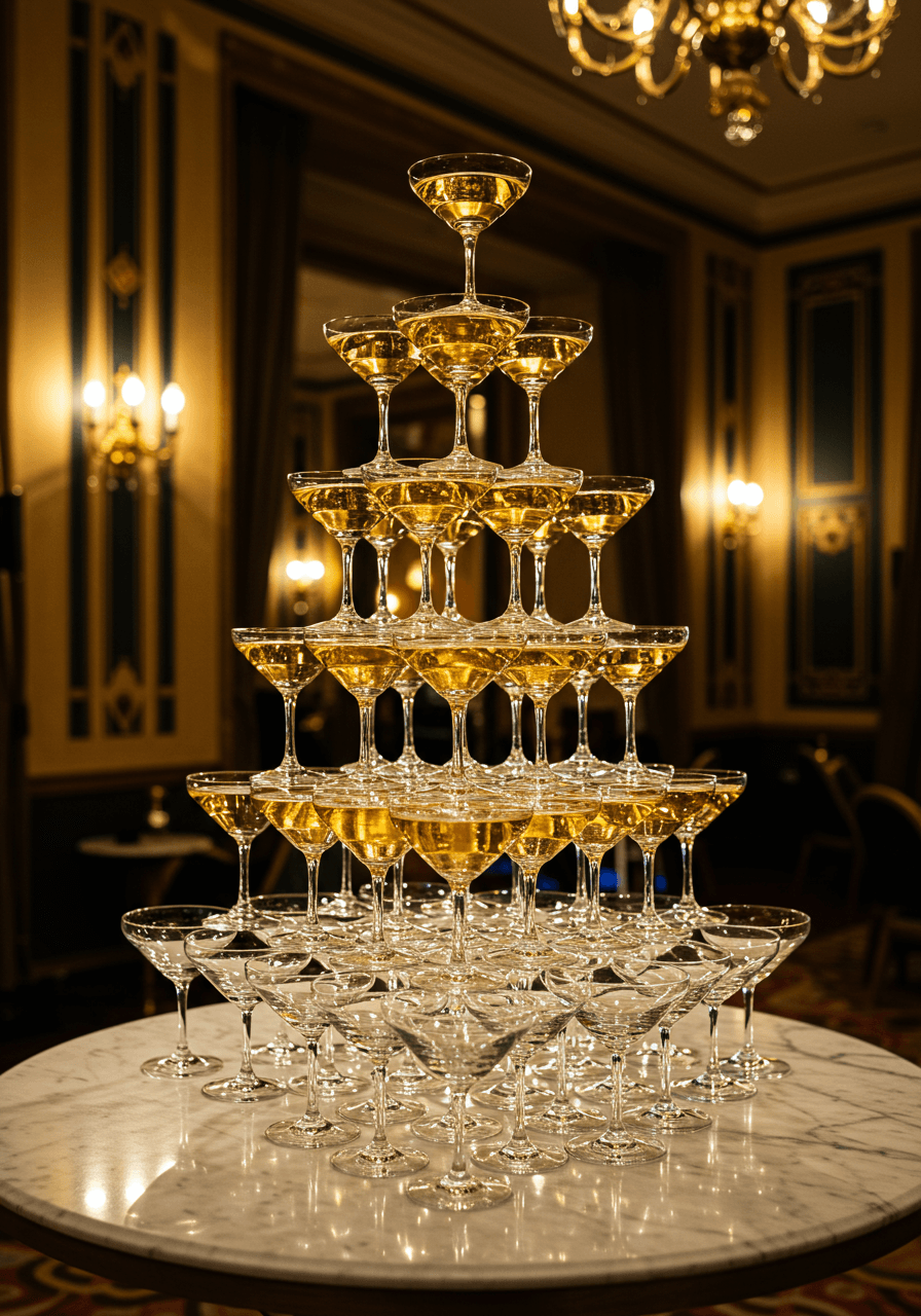 Towering champagne tower with vintage crystal coupe glasses on marble table in Art Deco ballroom