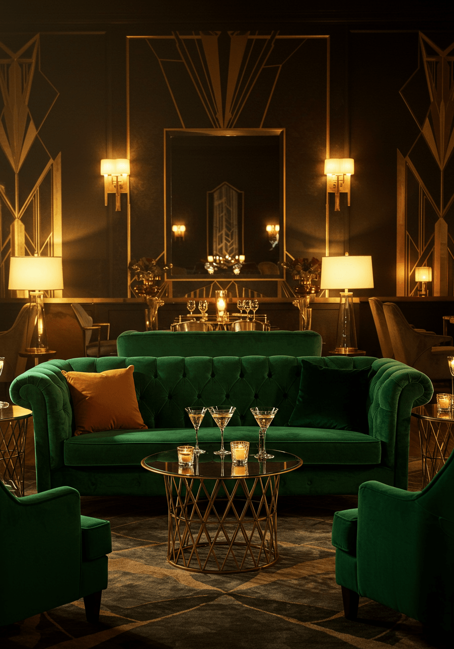 Elegant guests in formal attire relaxing on emerald green velvet sofas in Art Deco ballroom lounge