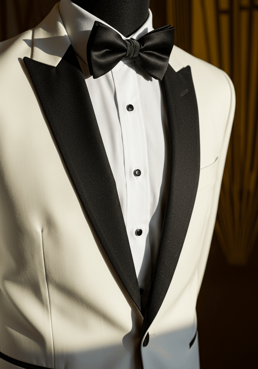 Detailed view of white dinner jacket lapel and black bow tie showcasing elegant formal wear craftsmanship