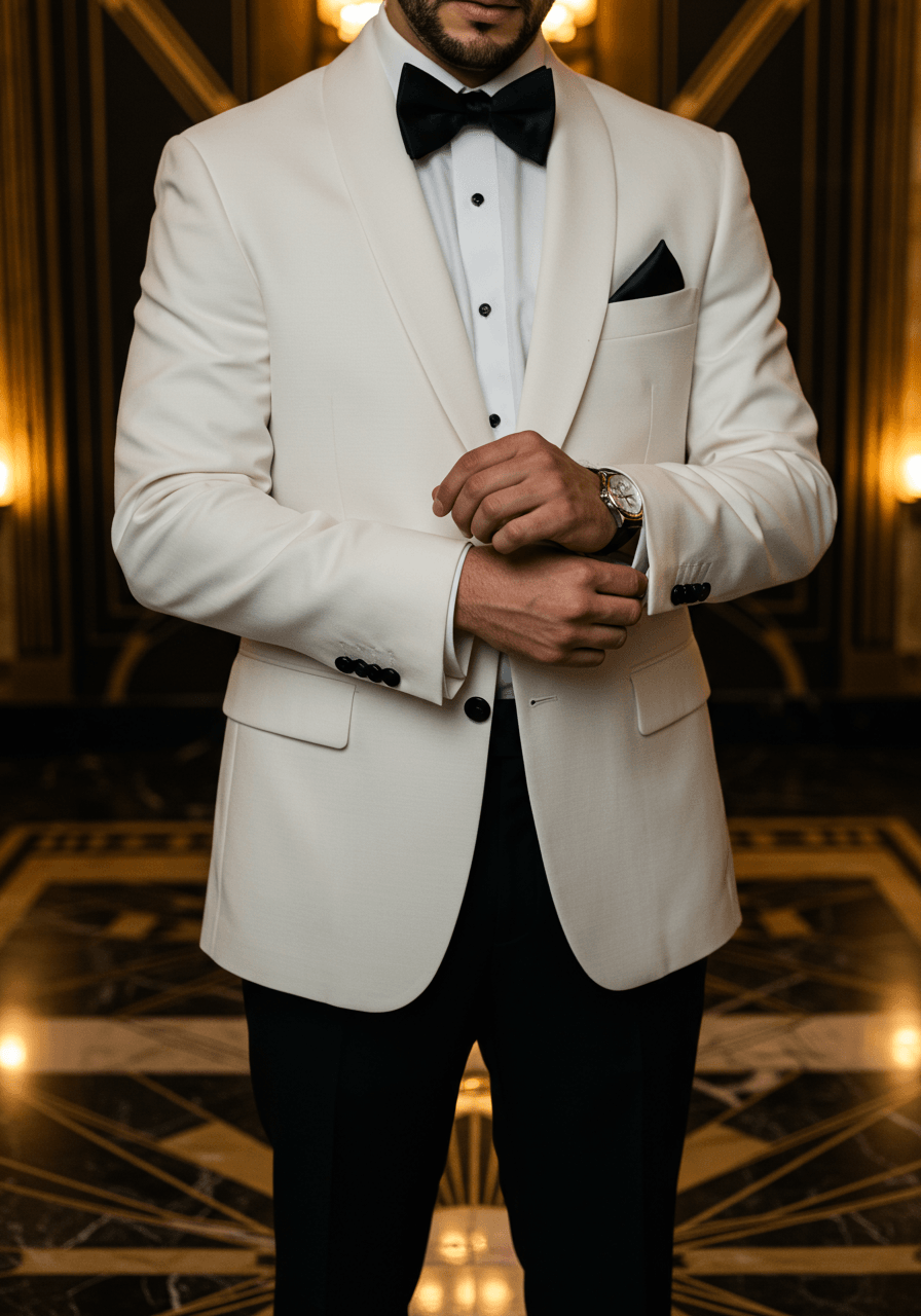Close-up of groom's formal attire showing white dinner jacket and black bow tie details in elegant venue