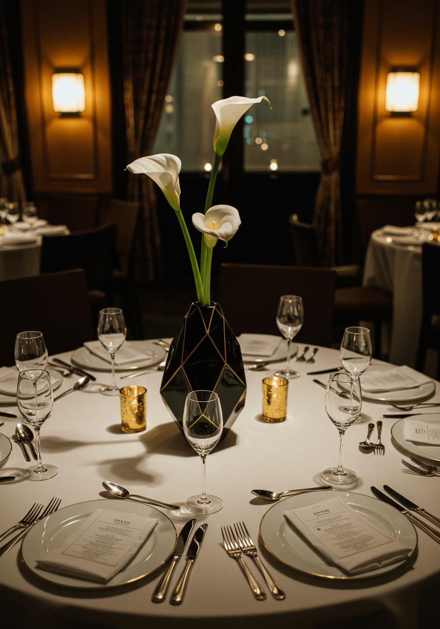 Overhead view of minimalist calla lily centerpiece with elegant table setting in intimate venue