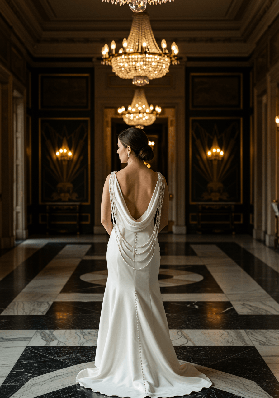 Bride in Art Deco wedding gown with dramatic cowl back adorned with cascading pearl strands