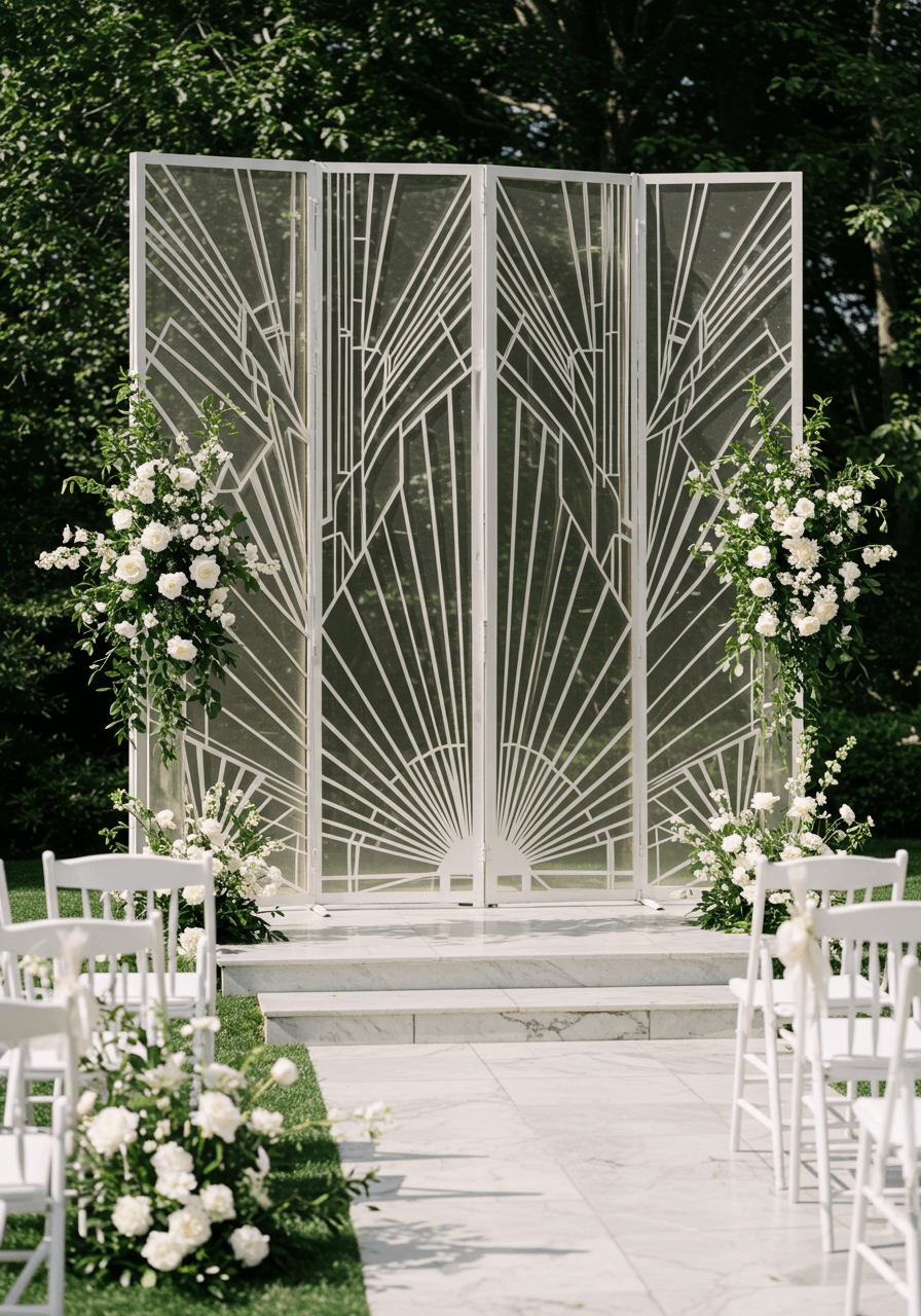 Intricate geometric ceremony screen with sunburst and chevron patterns in outdoor wedding setting