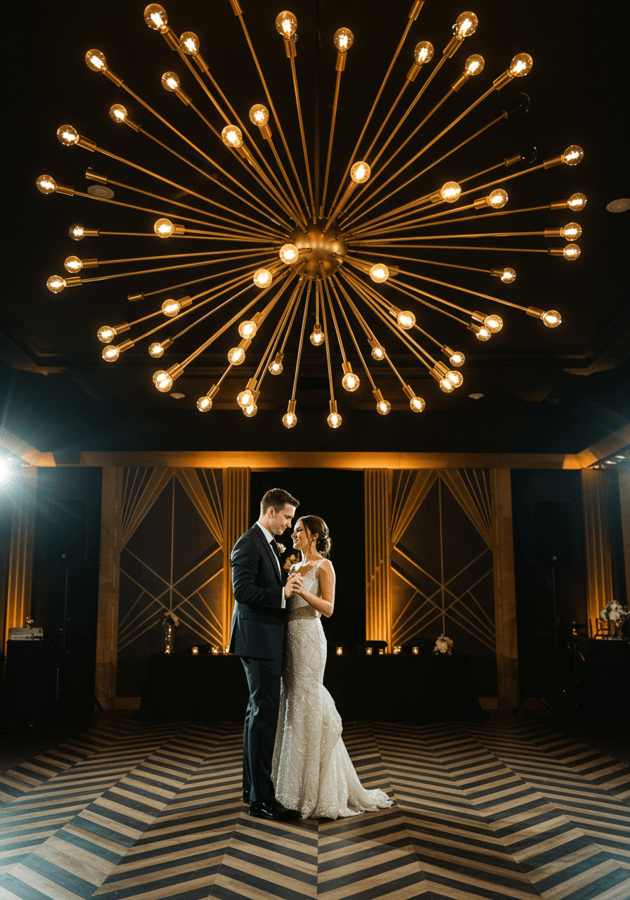 Bride and groom dancing beneath oversized geometric Sputnik chandelier in Art Deco wedding venue