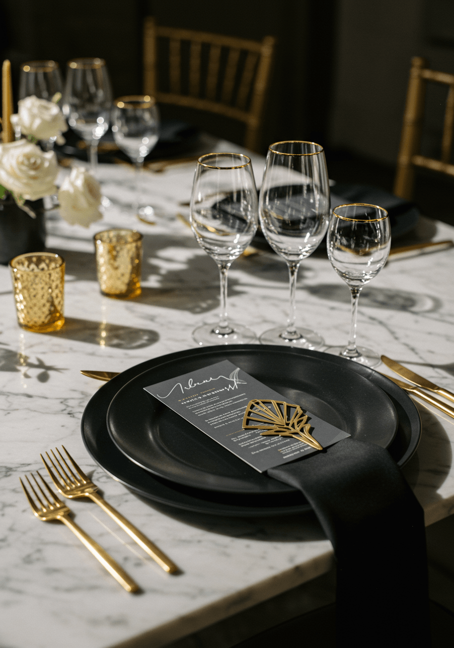 Elegant table setting with matte black charger plates and gold-rimmed crystal glassware on marble table
