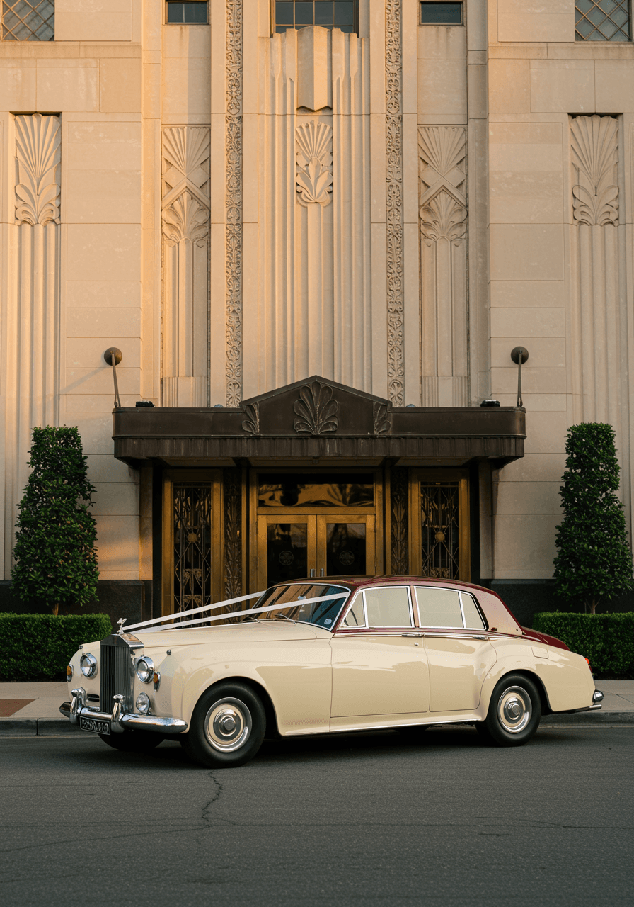 Classic cream and burgundy Rolls Royce Silver Cloud parked outside Art Deco venue with geometric facade