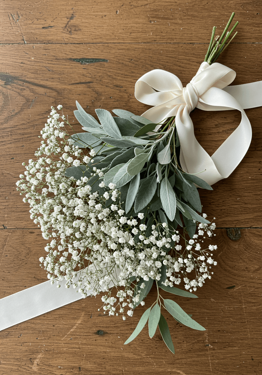 Baby's breath and eucalyptus arranged on rustic wooden table in bright floral studio